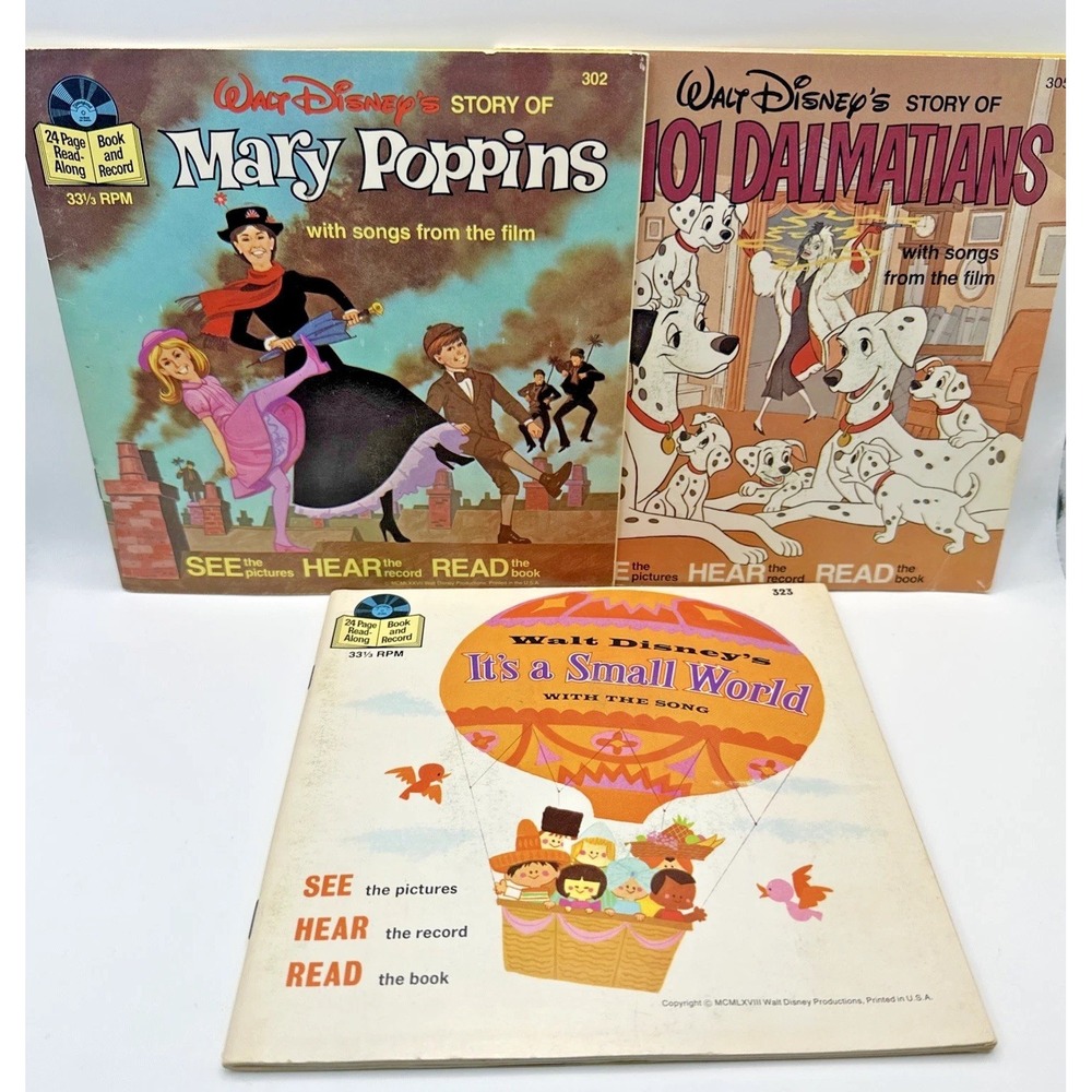 Disney Read Along Book & Record Lot Mary Poppins 101 Dalmatians Small World